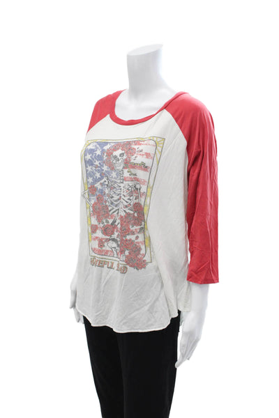 Lauren Moshi Womens Red Jersey T-Shirt 3/4 Sleeve Graphic Music Size L