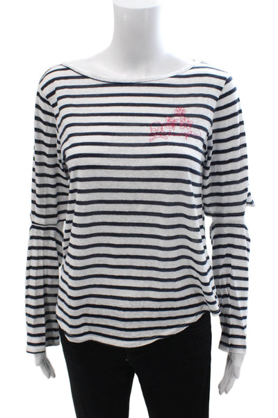 LNA Women Black Striped Long Sleeve Basic T-Shirt Round Neck Nautical Size L
