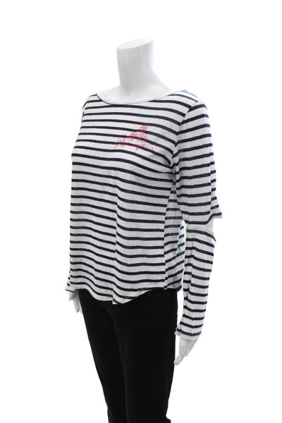 LNA Women Black Striped Long Sleeve Basic T-Shirt Round Neck Nautical Size L