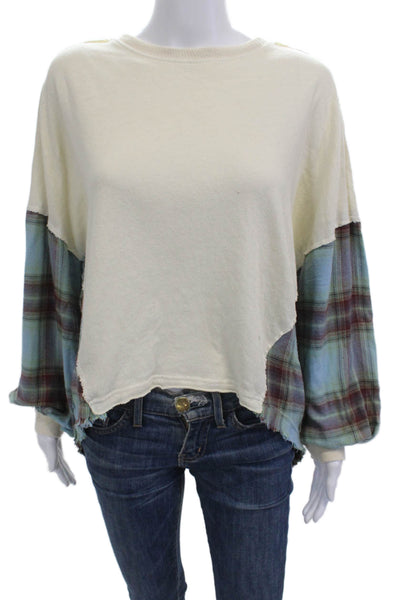 We The Free Women Cropped Plaid Cotton Crewneck Button Longsleeve Beige Size XS