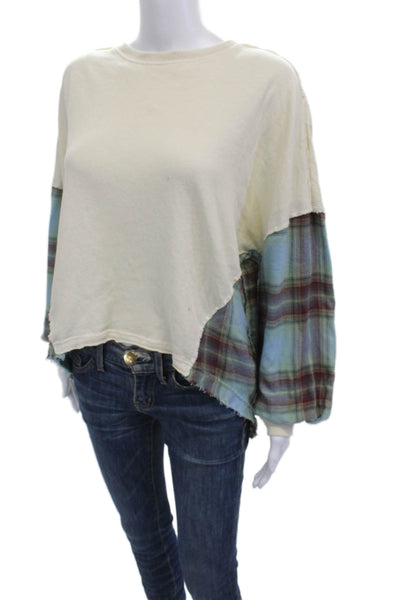 We The Free Women Cropped Plaid Cotton Crewneck Button Longsleeve Beige Size XS