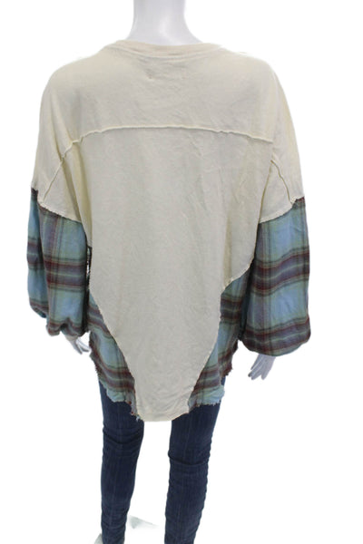 We The Free Women Cropped Plaid Cotton Crewneck Button Longsleeve Beige Size XS