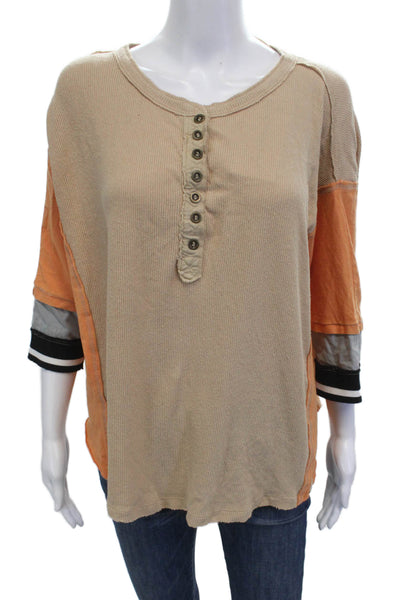 We The Free Women Tunic Button-Up Beige 3/4 Sleeve Cotton Size XS