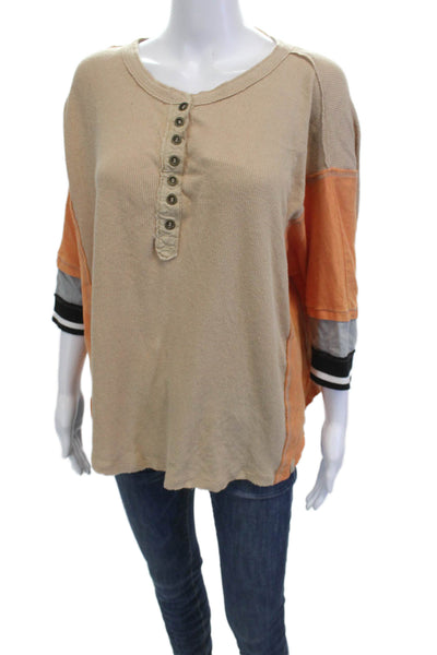 We The Free Women Tunic Button-Up Beige 3/4 Sleeve Cotton Size XS