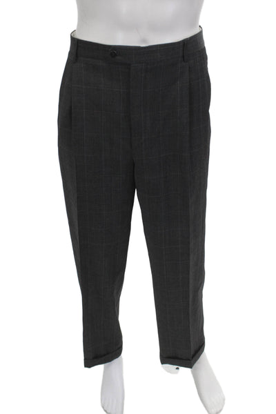 Zanella Mens Dress Pants Dark Gray Plaid Wool Button Size 38