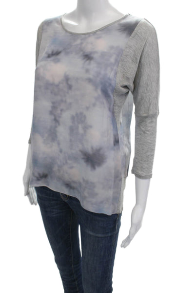 Rebecca Taylor Women Basic Silk Round Neck 3/4 Sleeve T-Shirt Gray Size 0