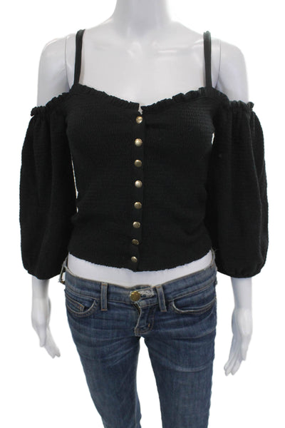 Nation LTD Womens Cropped Black Pima Cotton Button Up 3/4 Sleeve Top Size XS