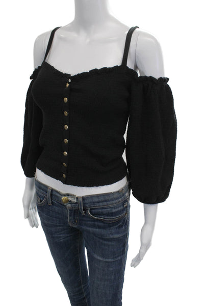 Nation LTD Womens Cropped Black Pima Cotton Button Up 3/4 Sleeve Top Size XS
