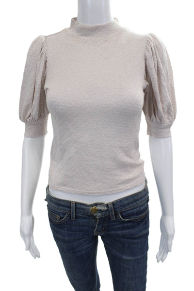 Free People Women Cropped Boho Mock Neck Short Sleeve Blouse Beige Size XS