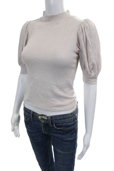 Free People Women Cropped Boho Mock Neck Short Sleeve Blouse Beige Size XS