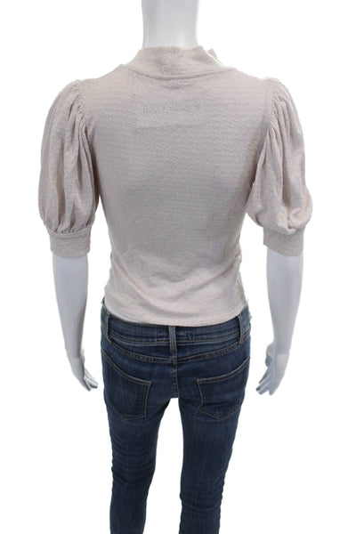 Free People Women Cropped Boho Mock Neck Short Sleeve Blouse Beige Size XS