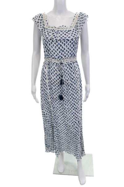 Saylor Women Sundress White Square Neck Short Sleeve Boho Knee Length Size S