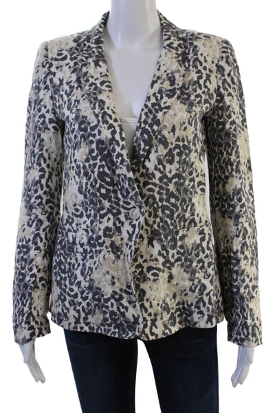 Joie Women Beige Linen Leopard Print Blazer Collared Long Sleeve Size 6