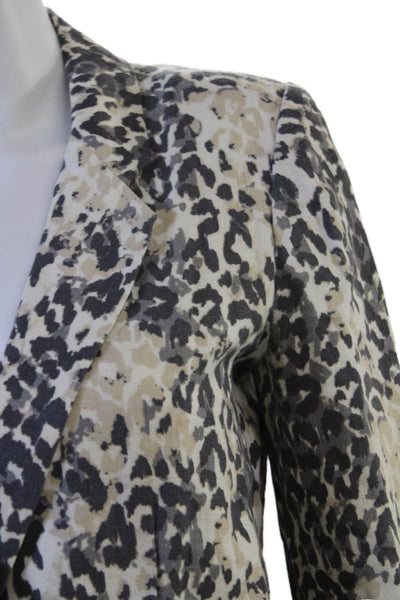 Joie Women Beige Linen Leopard Print Blazer Collared Long Sleeve Size 6