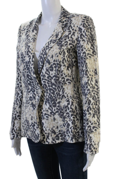 Joie Women Beige Linen Leopard Print Blazer Collared Long Sleeve Size 6