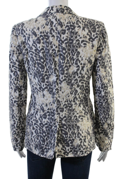 Joie Women Beige Linen Leopard Print Blazer Collared Long Sleeve Size 6