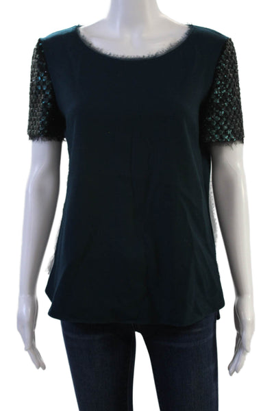 Elie Tahari Women Dark Blue Wool Blend Short Sleeve Zip Blouse Size S