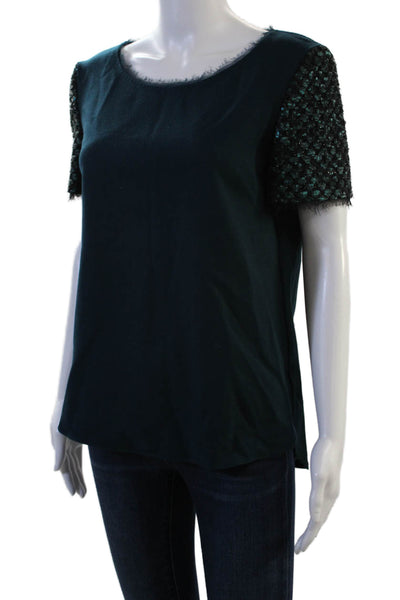 Elie Tahari Women Dark Blue Wool Blend Short Sleeve Zip Blouse Size S