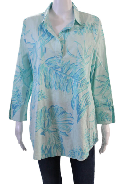 Vineyard Vines Women Floral Collared Tunic Blouse Light Blue 3/4 Sleeve Size S