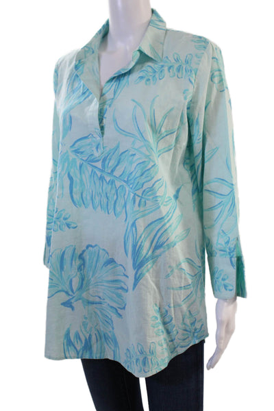 Vineyard Vines Women Floral Collared Tunic Blouse Light Blue 3/4 Sleeve Size S