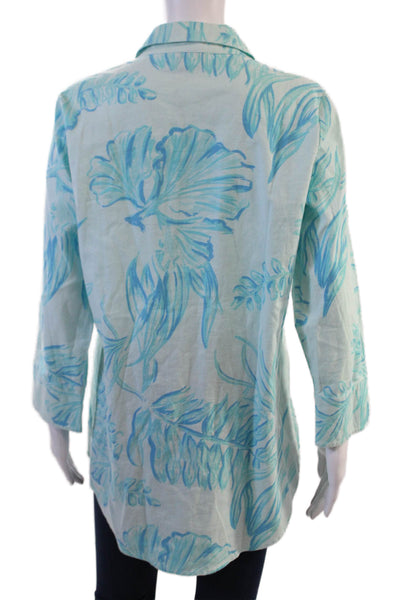 Vineyard Vines Women Floral Collared Tunic Blouse Light Blue 3/4 Sleeve Size S