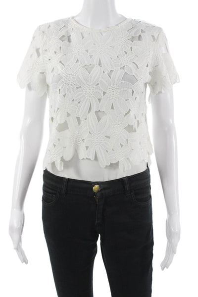 Gracia Women Cropped Blouse White Floral Short Sleeve Size S