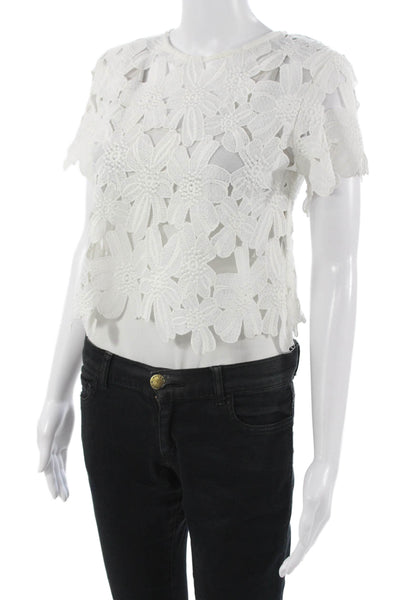Gracia Women Cropped Blouse White Floral Short Sleeve Size S