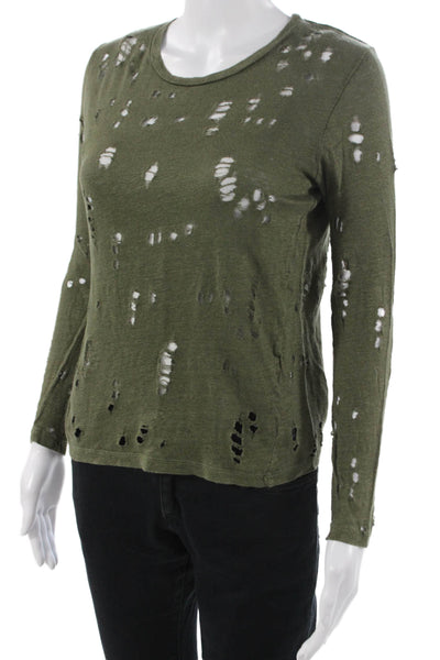 IRO Women Green Silk Blend Crew Neck Long Sleeve T-Shirt Grunge Size XS