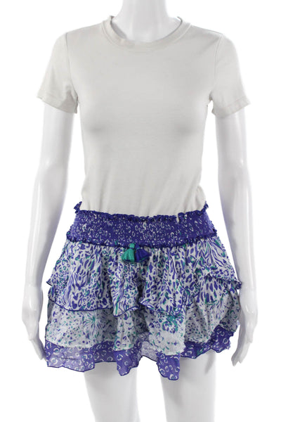 Poupette St. Barth Women Peasant Mini Skirt Blue Animal Print Cotton Size S