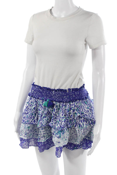Poupette St. Barth Women Peasant Mini Skirt Blue Animal Print Cotton Size S