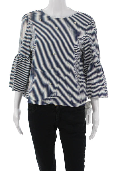 Zara Womens Basic Striped Blue Cotton Round Neck 3/4 Sleeve Blouse Size M