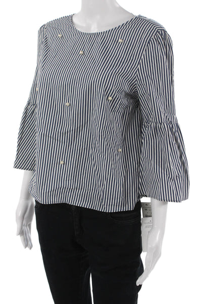 Zara Womens Basic Striped Blue Cotton Round Neck 3/4 Sleeve Blouse Size M