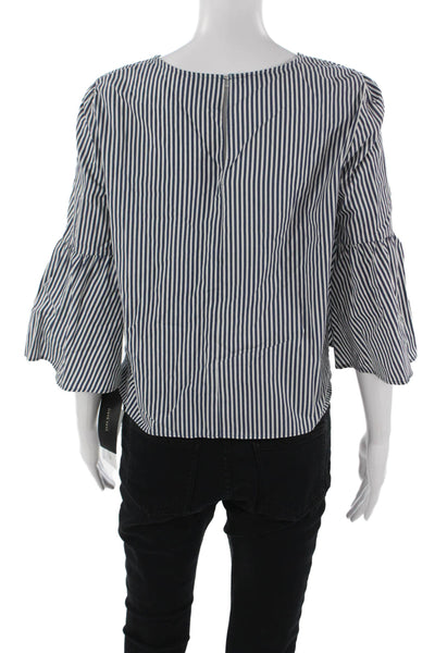 Zara Womens Basic Striped Blue Cotton Round Neck 3/4 Sleeve Blouse Size M