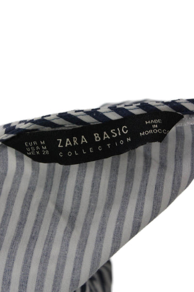 Zara Womens Basic Striped Blue Cotton Round Neck 3/4 Sleeve Blouse Size M