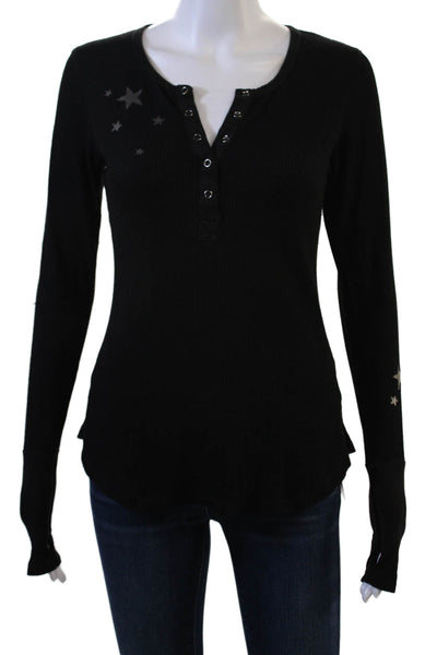 six/fifty Womens Basic Button-Up Long Sleeve Black Stars Round Neck Size S