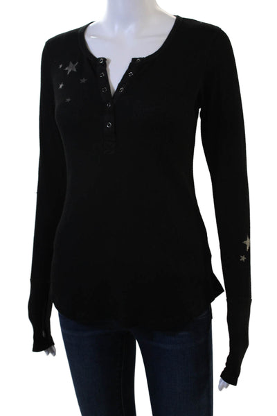 six/fifty Womens Basic Button-Up Long Sleeve Black Stars Round Neck Size S