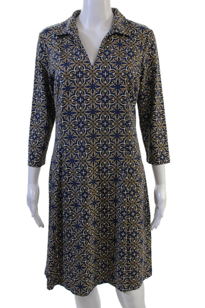 J Mclaughlin Women Shirt Dress Dark Blue Geometric 3/4 Sleeve Knee Size M