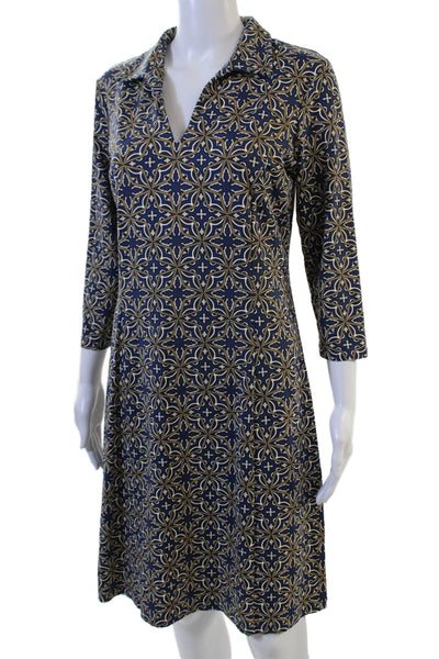 J Mclaughlin Women Shirt Dress Dark Blue Geometric 3/4 Sleeve Knee Size M