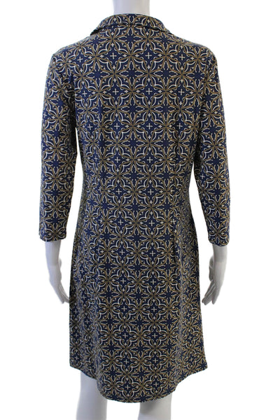J Mclaughlin Women Shirt Dress Dark Blue Geometric 3/4 Sleeve Knee Size M