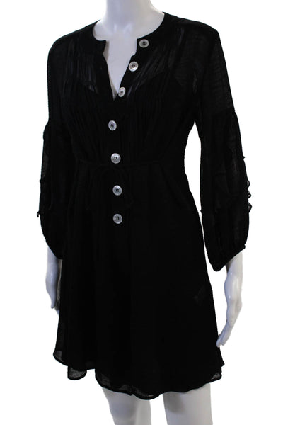 Nanette Lepore Womens Shirt Dress Black 3/4 Sleeve Button Round Neck Size 2