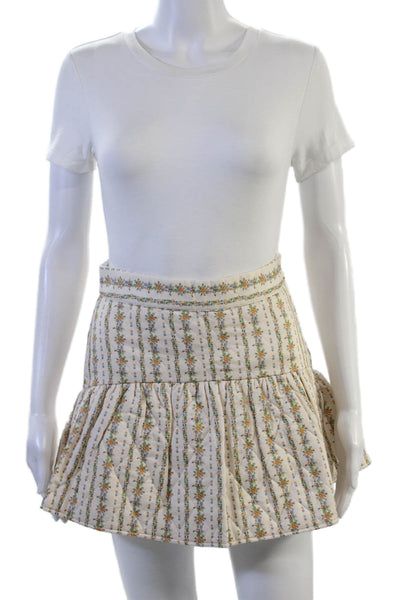 Love Shack Fancy Women Peasant Mini Floral Skirt Beige 100% Cotton Size 0