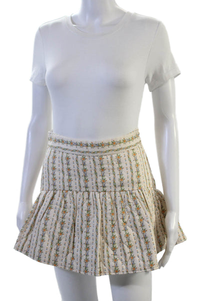 Love Shack Fancy Women Peasant Mini Floral Skirt Beige 100% Cotton Size 0