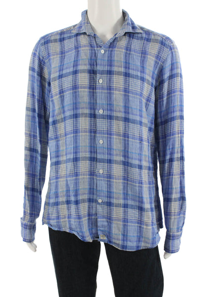 Sonrisa Mens Button Front Collared Plaid Linen Shirt Blue White Size Large