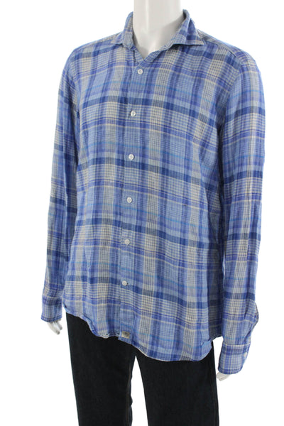 Sonrisa Mens Button Front Collared Plaid Linen Shirt Blue White Size Large
