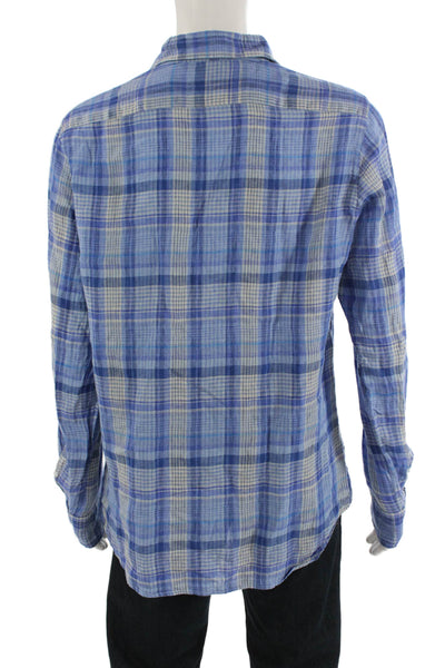 Sonrisa Mens Button Front Collared Plaid Linen Shirt Blue White Size Large