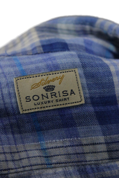 Sonrisa Mens Button Front Collared Plaid Linen Shirt Blue White Size Large