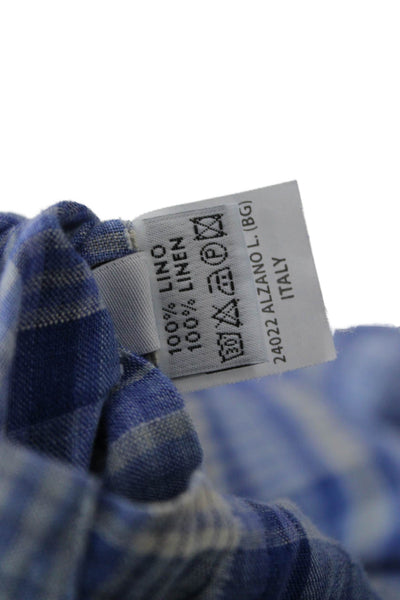 Sonrisa Mens Button Front Collared Plaid Linen Shirt Blue White Size Large