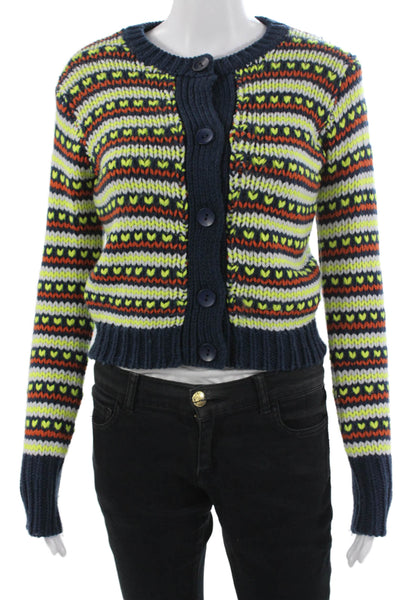 English Factory Unisex Fair Isle Cardigan Dark Blue Acrylic Crew Neck Size XS