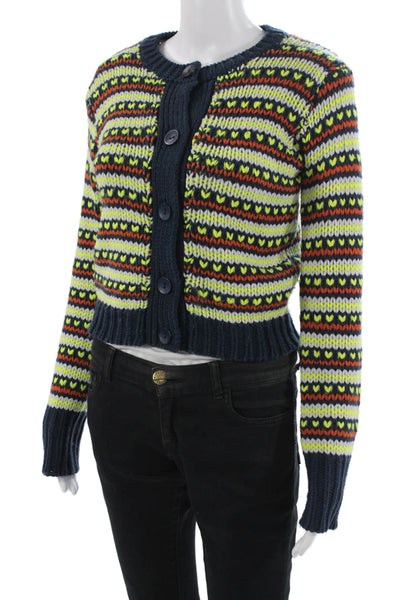 English Factory Unisex Fair Isle Cardigan Dark Blue Acrylic Crew Neck Size XS