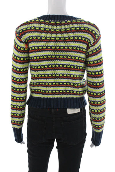 English Factory Unisex Fair Isle Cardigan Dark Blue Acrylic Crew Neck Size XS
